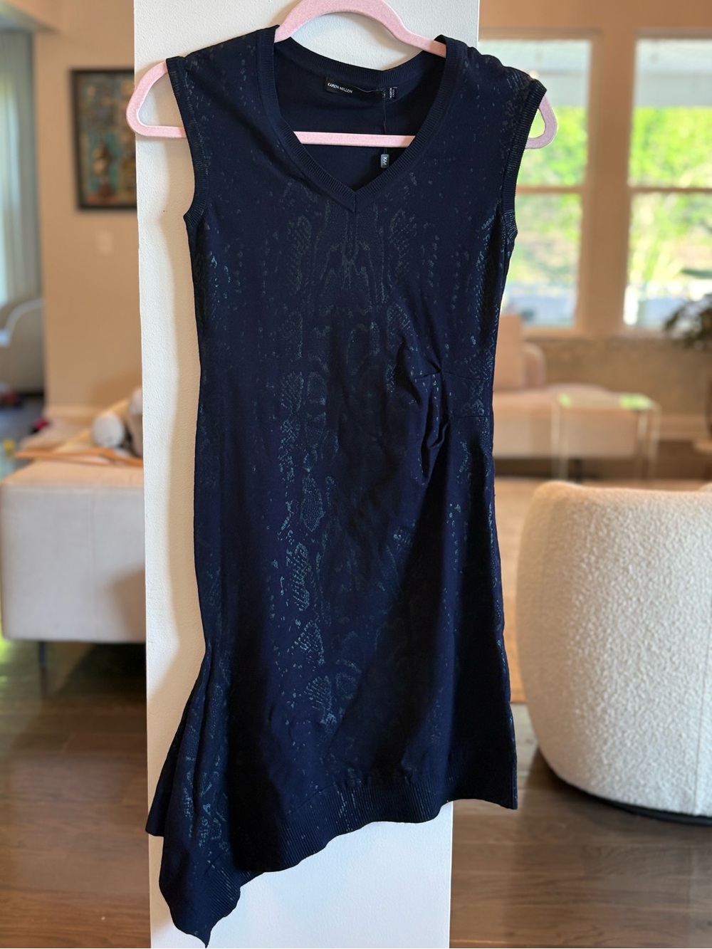 Karen Millen V-neck Dark Blue Knit Sweater Dress Size 2 NWT Asymmetric Hem